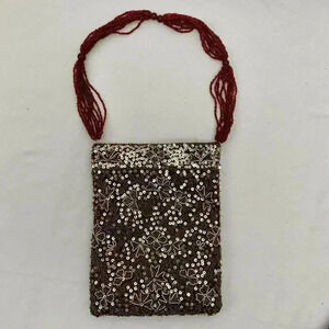 Purse Clutch Wristlet Beaded Sequins Handle 8x6 Push Lock Vintage Handmade